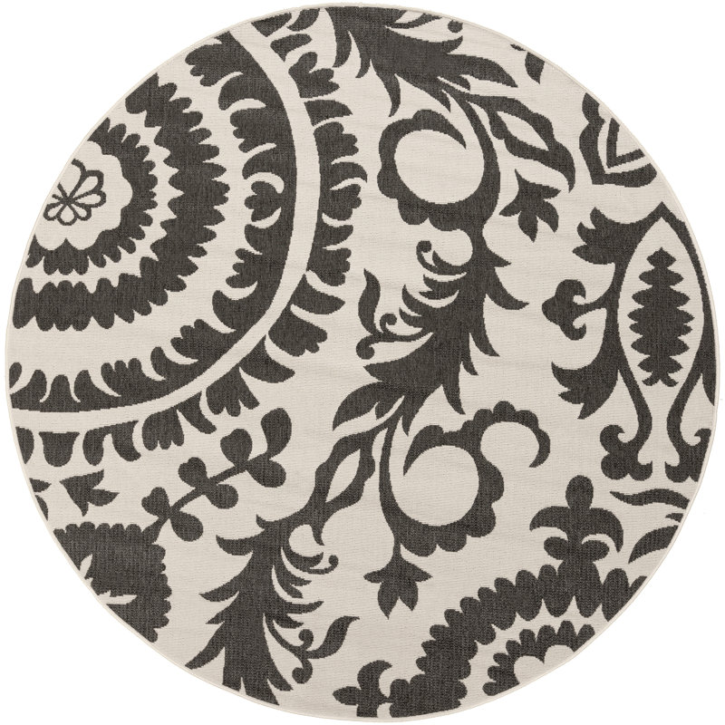Tapis extérieur noir / crème Amato, Rond 8 pi 9 po