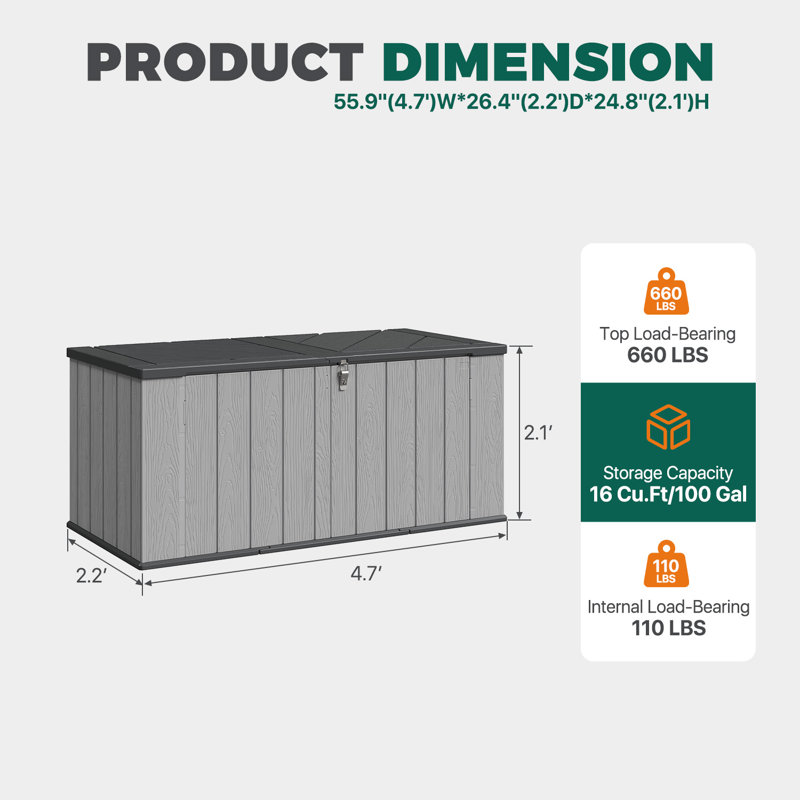 JolyDale 142cm W 16L Polypropylene Plastic Lockable Deck Box, Grey