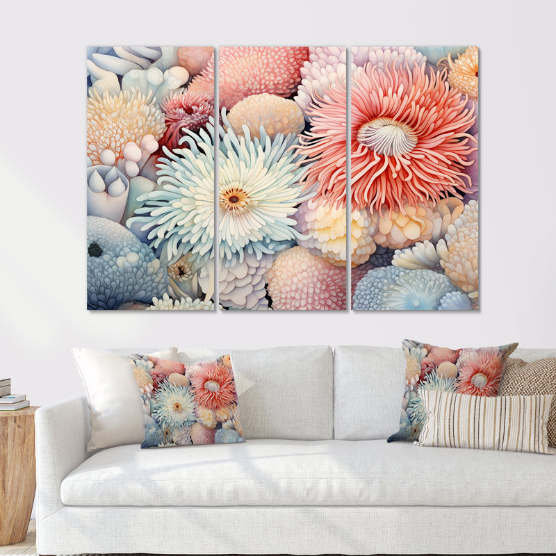 «Sea Anemone Pastel Elegant - Coastal Coral Under Water», ensemble d'art sur toile, Toile tendue, H 28 po x l 36 po x P 1 po