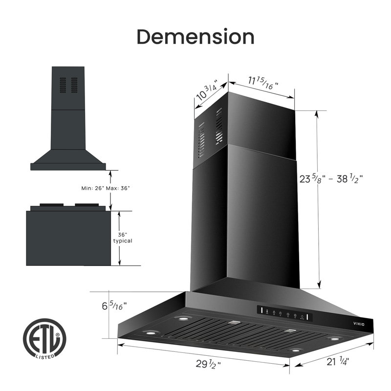 Hotte pour îlot de cuisine convertible de 30 po 500 pi³ / min VIKio en acier inoxydable avec 4 lumières DEL, contrôle des mouvements et filtres à charbon
