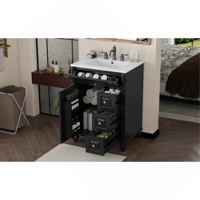 Meuble-lavabo de 24 po avec lavabo, meuble-lavabo autoportant noir avec tiroir rabattable, 3 tiroirs et armoire de rangement, bois massif et panneau de fibres à densité moyenne, comptoir de lavabo en céramique