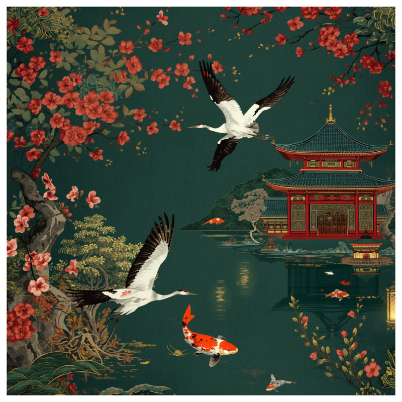 Japanese Temple Scene Wall Tapestry - Cranes Wall Decor, 50in H x60in W with 4 Grommets