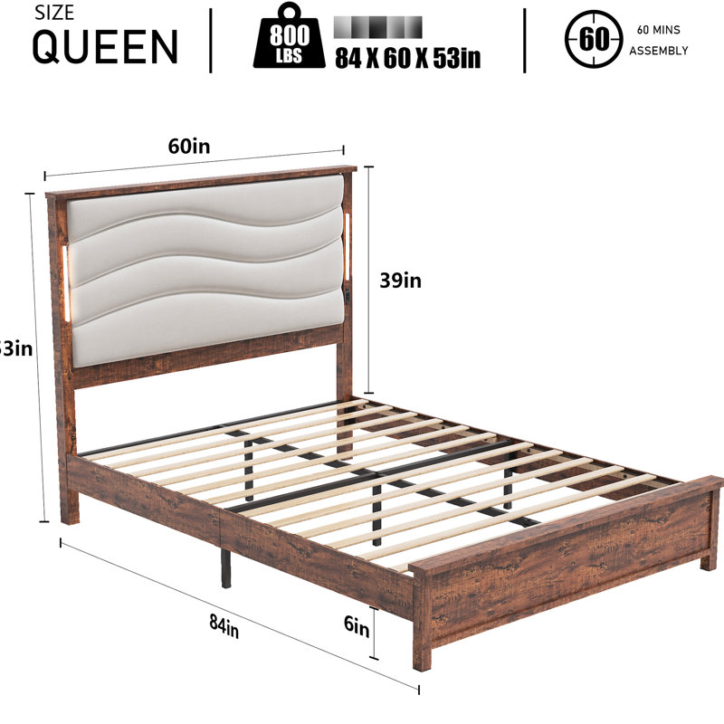 Structure de lit grand lit avec tête de lit tapissier et installation de chargement, lumières à DEL, tissu de lin beige, bois, sans sommier, tête de lit offerte, ensemble de montage simple, éclairage, lin, approche