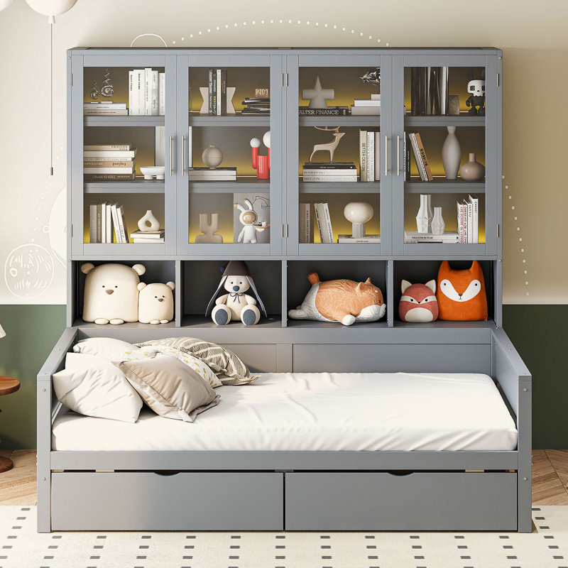 Lit de jour en bois avec armoires de rangement à porte vitrée, éclairage à DEL intégré et tablettes, Lit simple
