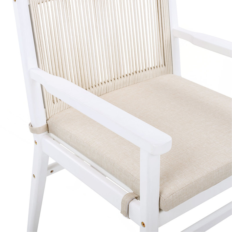 Ensemble de 2 chaises de salle à manger d'extérieur, fauteuil de patio en bois d'acacia avec dossier en corde et coussin hydrofuge, structure blanche, capacité de poids de 400 lb