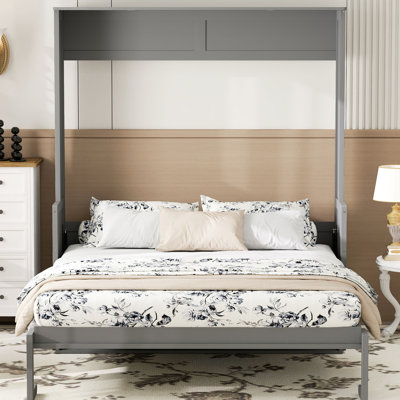 Queen Size Bed With Desk, Led Lights, Charging Station - Gray, Space Saving Wall For Small Rooms, Modern Design, And Plywood, Easy Assembly Gray Integrated Lighting, Ports, Ideal Home Office Or Guest