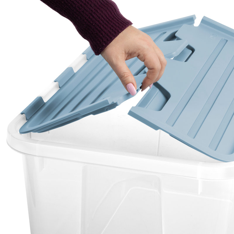Sterilite 40 Qt Hinged Lid Storage Box, Plastic Container, Washed Blue, 18 Pack, 40 qt.