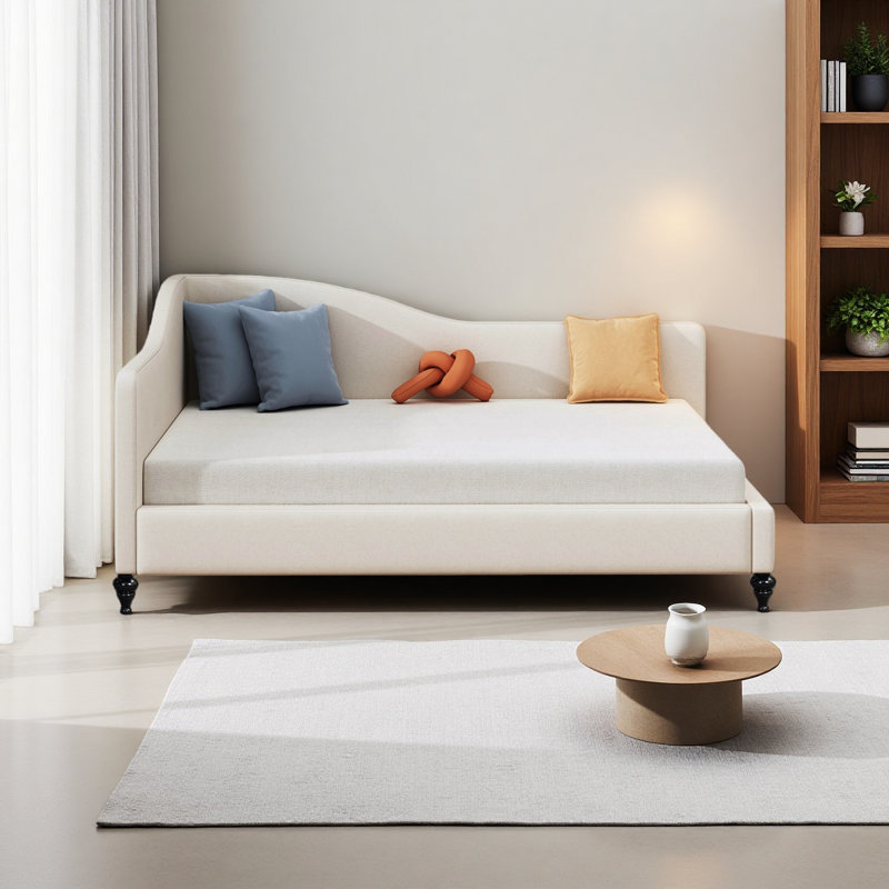 Lit de jour en L en forme de L, avec pieds en bois massif, Beige, Complet/Double