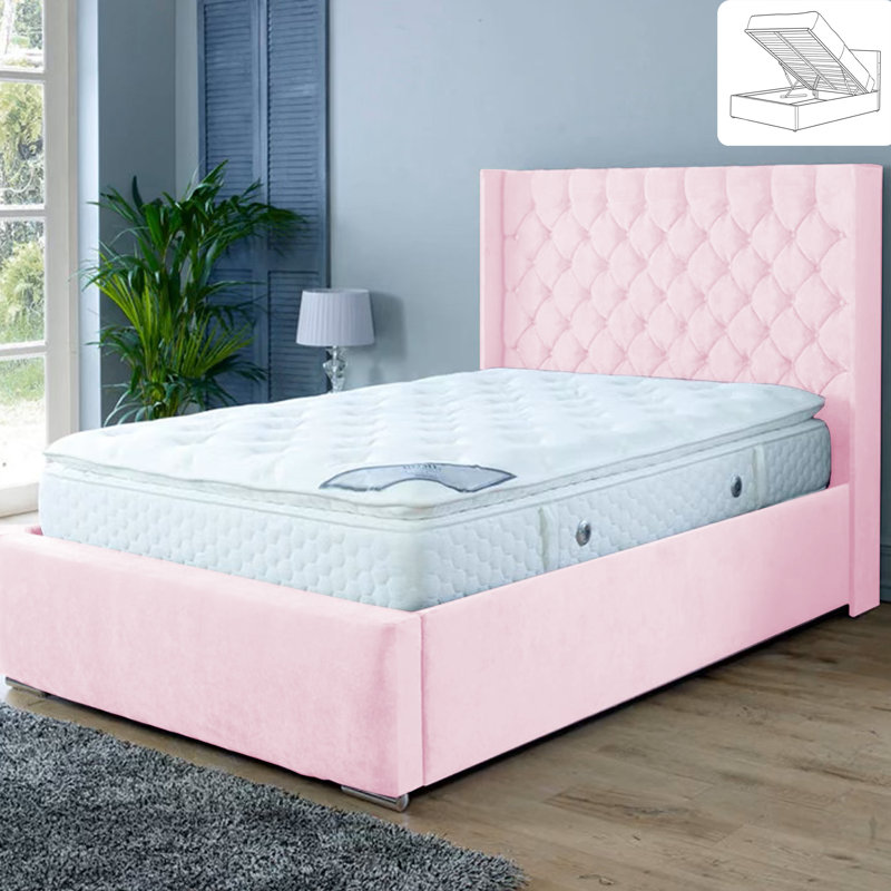 Gremillion Wingback Ottoman Storage Bed - Plush Velvet Gas Lift Bed Frame with Headboard, Super King (6'), White