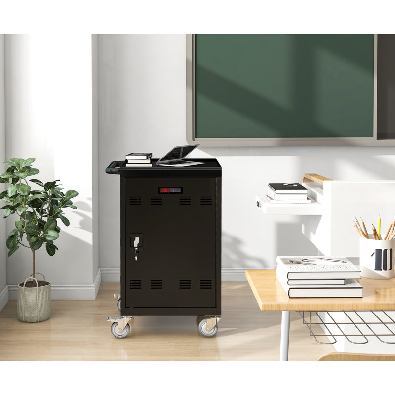 Chariot de charge mobile noir pour 30 appareils -, tablettes, ordinateurs portables avec gestion des câbles, roues verrouillables, multiprise performante, tablette et ordinateur portable 30 + 2 baies, noir, bandes Ul, traitement antirouille