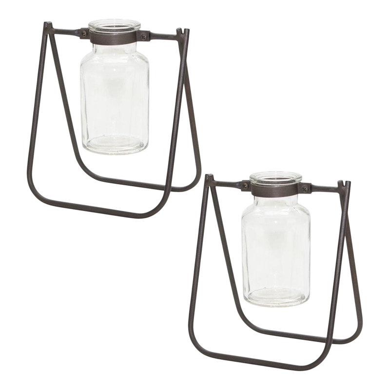 Set of Two Clear And Brown Glass And Metal Round Table Vases