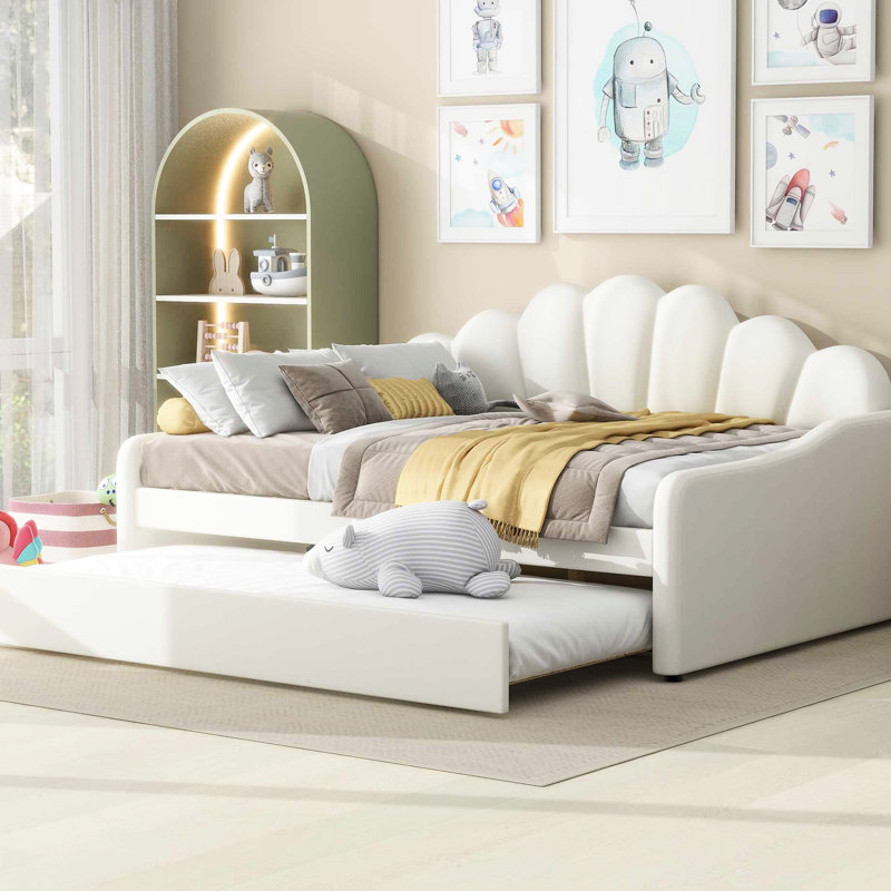 Upholstered Daybed In White With Trundle And Thickly Padded Sponge - Comfortable Experience, Construction, Multipurpose Living Room Bed Full Size Shall Shaped Stylish , Materials, Versatile Home