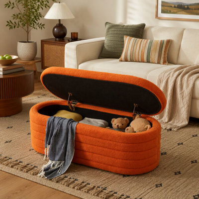 Banc de rangement moderne avec repose-pieds ovale, banc rembourré avec rangement en tissu Teddy Boucle Teddy