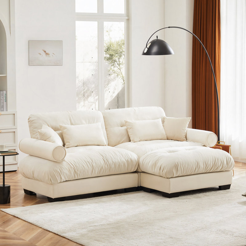 Santana Fabric Upholstered 2-Seater Sofa with Ottoman, Cream, 35.03" H x 93.72" W x 37.02" D