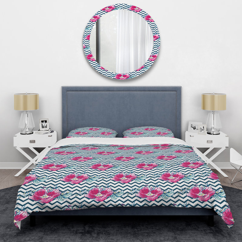 Roses roses avec chevron - ensemble de housse de couette abstrait - microfibre de polyester