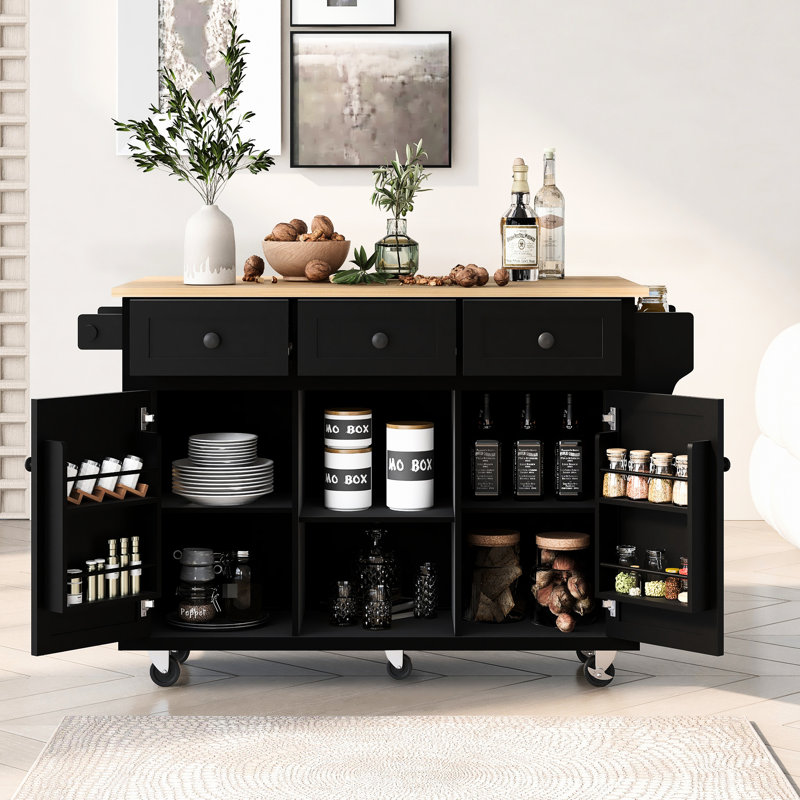 Kitchen Cart With Drop Tabletop & Internal Storage. Black, 5 Wheels For Easy Movement In Dinning Area Island Countertop And Efficient Storage Design - Black