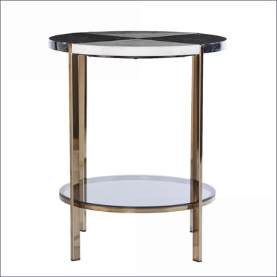 Rond noir Table basse en marbre blanc avec incrustations de champagne, tablette en verre peu encombrante pour le salon