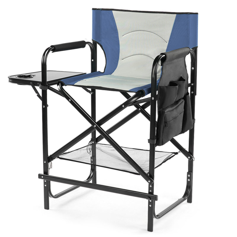 Chaise de réalisateur pliante en fer de 26 po avec porte-gobelet intégré, table d'appoint et pochette de rangement, Marine