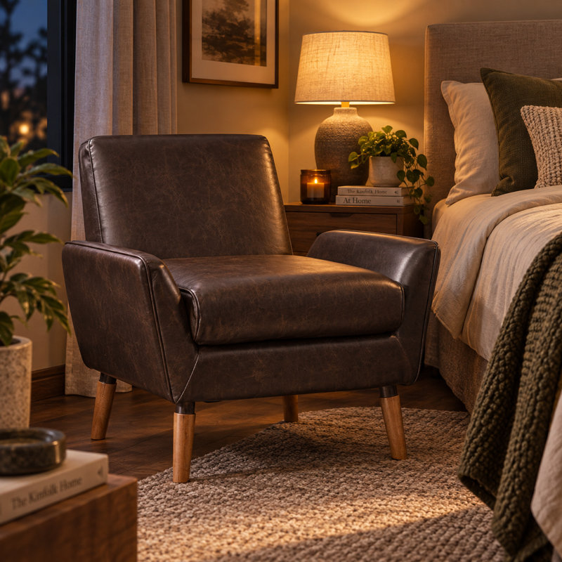 Fauteuil d'appoint moderne Francom en similicuir avec passepoil et pieds en bois d'hévéa
