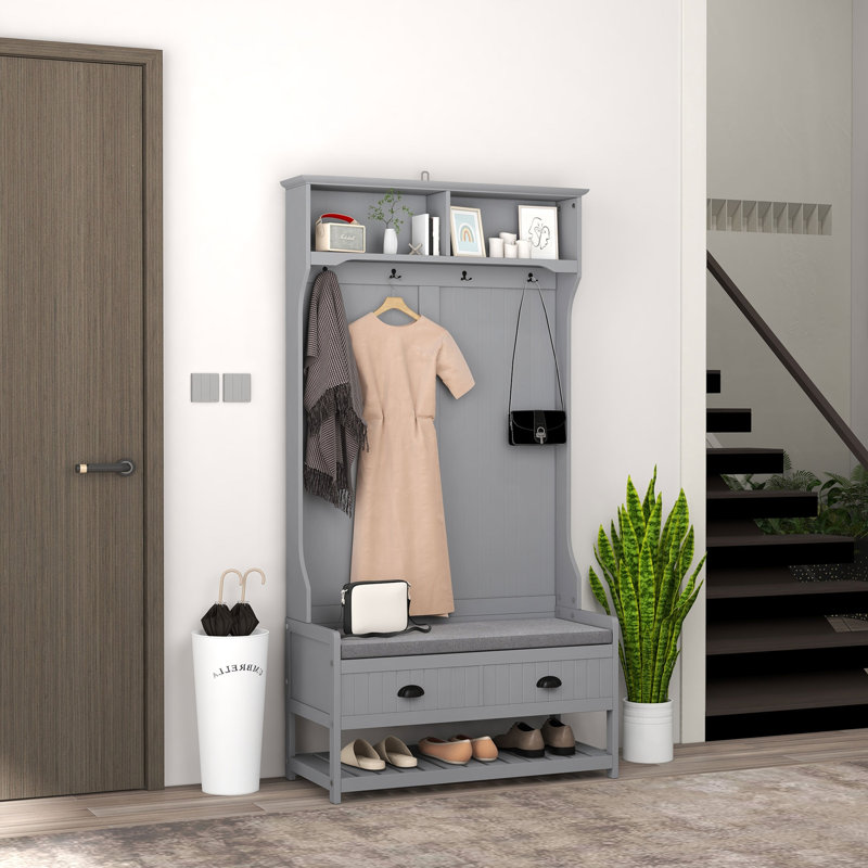 HOMCOM Meuble d'entrée 3 en 1 : banc avec porte-manteau, banc de vestiaire avec étagère à chaussures, 2 tiroirs de rangement, 4 crochets et coussins d'assise rembourrés.