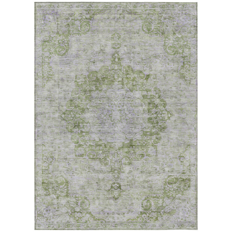 Tapis extérieur lavable à motif de médaillon floral vert olive 10 pi x 14 pi