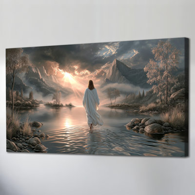 Large Heavenly Jesus Canvas Wall Art - Spiritual Nature Jesus Painting Decor, Illuminated Scene for Living Room, Serene Christian Image Wall Pictures Art for Home, Gallery Wrap Style, 24×48 inches