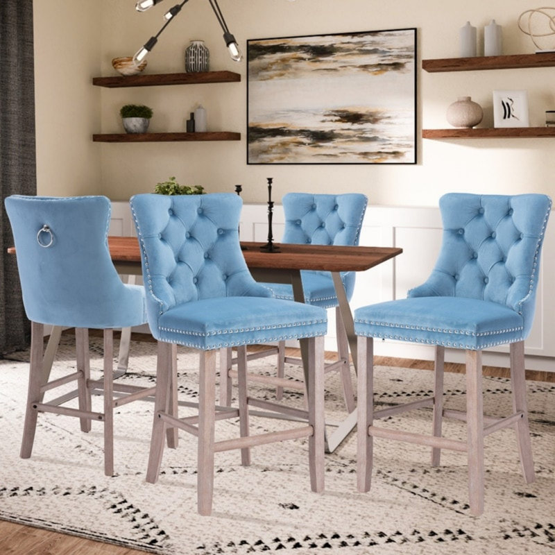 Upholstered Tufted Wingback Velvet Counter Bar Stool (Set of 4), Brown, Light Blue