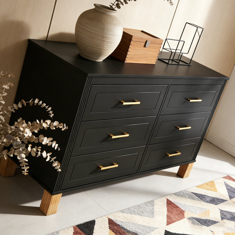 Modern Storage Cabinet with Metal Handles & Solid Wood Legs, Black