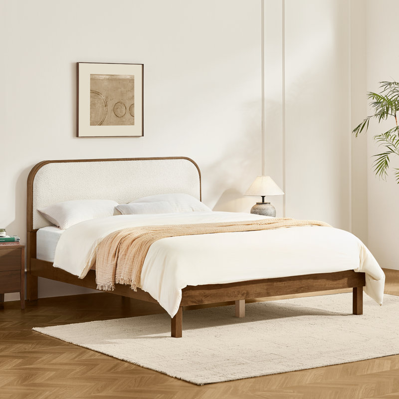 Mid-Century Solid Wood Boucle Upholstered Headboard Bed Frame, Queen, Walnut