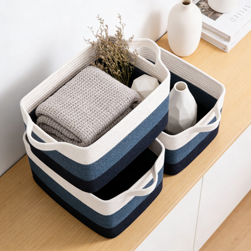 Ensemble de panier de rangement en corde de coton tissé, organisateur pliable fait à la main pour la salle de bain, le salon, la chambre de bébé et le rangement des jouets