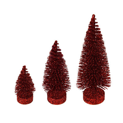3"-5"-7" Burgundy Glitter Oval Pine Artificial Christmas Tree, Set of 3