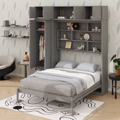 Élégant grand lit mural avec armoire supérieure, système d'étagères et garde-robe intégré