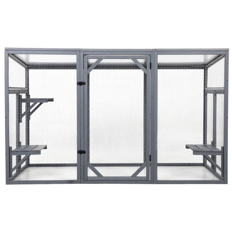 Grand enclos extérieur pour chat en bois avec 3 plateformes, porte verrouillable, toit ouvrant résistant aux intempéries, gris