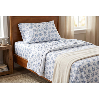 Ensemble de draps simples en microfibre brossée douce, 3 pièces - imprimé botanique à feuilles estampées, literie légère et infroissable (bleu / blanc)