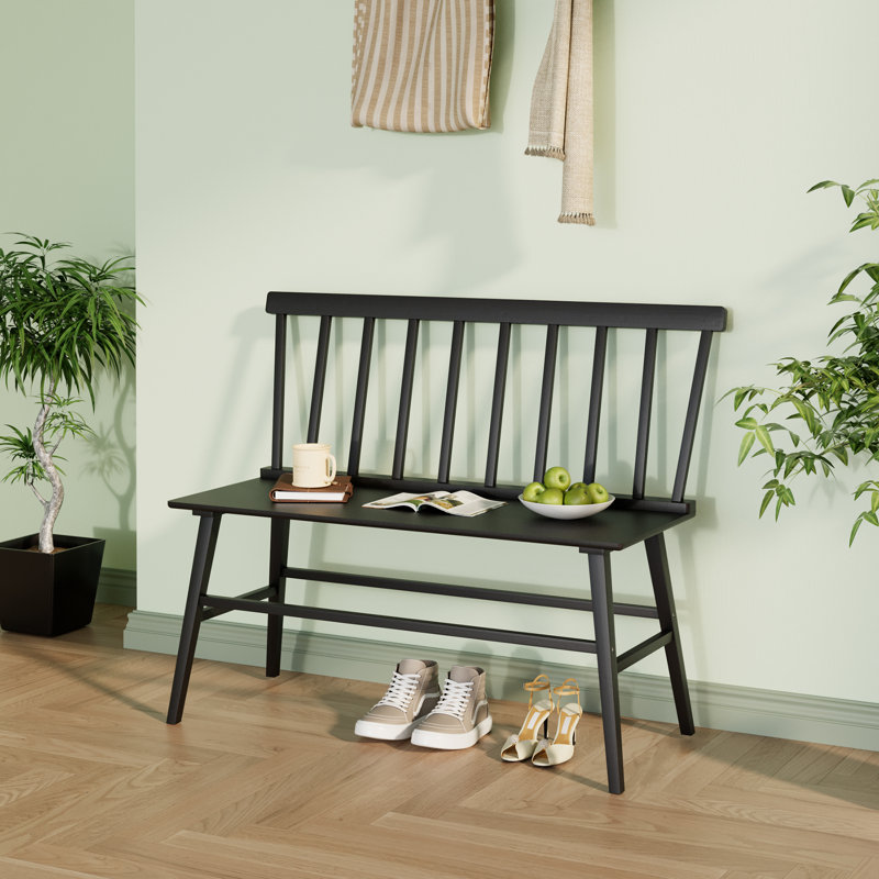 Banc d'entrée en bambou, banc de salle à manger de ferme avec dossier à broche en bois Windsor pour vestibule balcon , Noir