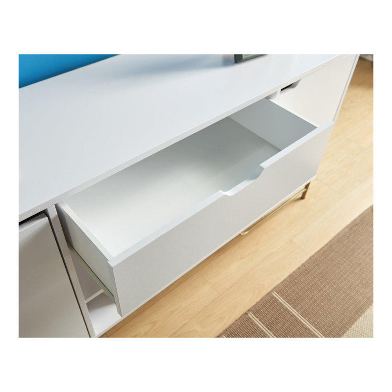 Buffet avec deux armoires, un tiroir et six tablettes sur pieds en métal - blanc et or
