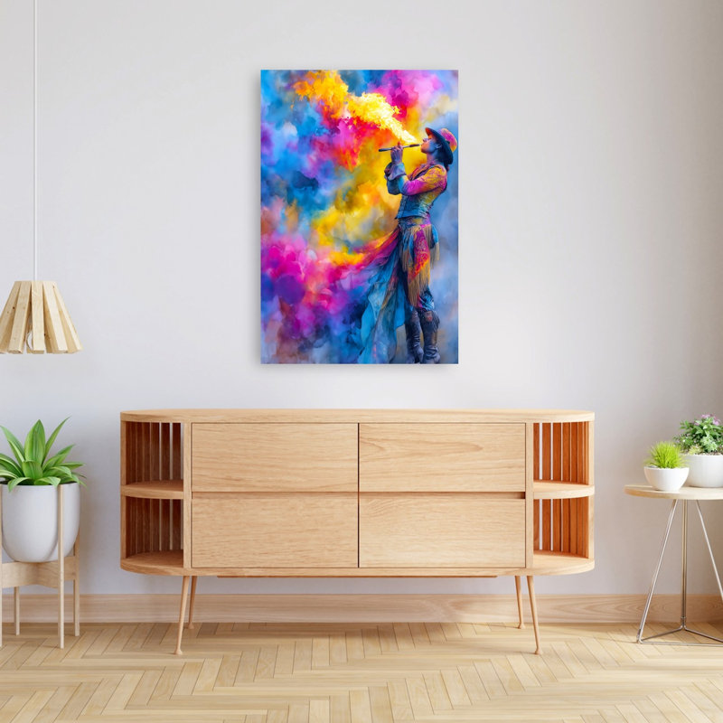 «Vibrant Fire Performance», art mural abstrait coloré et audacieux, H 48 po x l 32 po