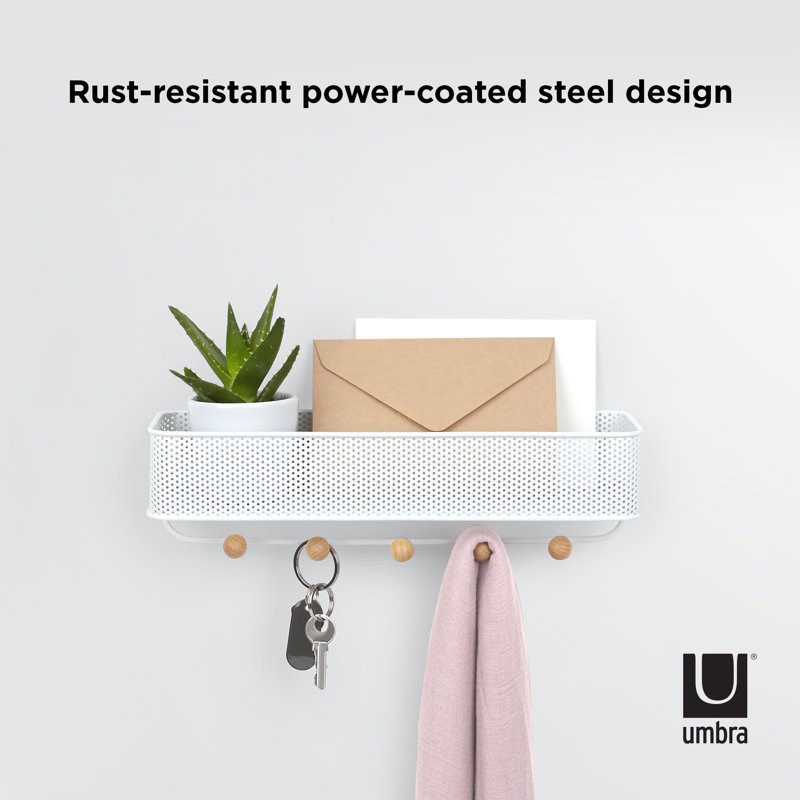 White Steel Wall Organizer with Wooden Knob Hooks