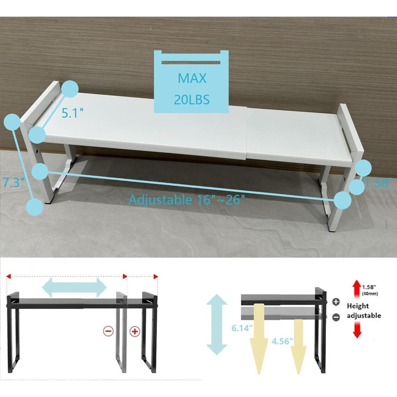 Expandable Cabinet Shelf Organizer 16-26" L Stackable Kitchen Counter Shelf Rack Stand Sink Shelf Riser Countertop Storage White (Narrow 5.1”D)