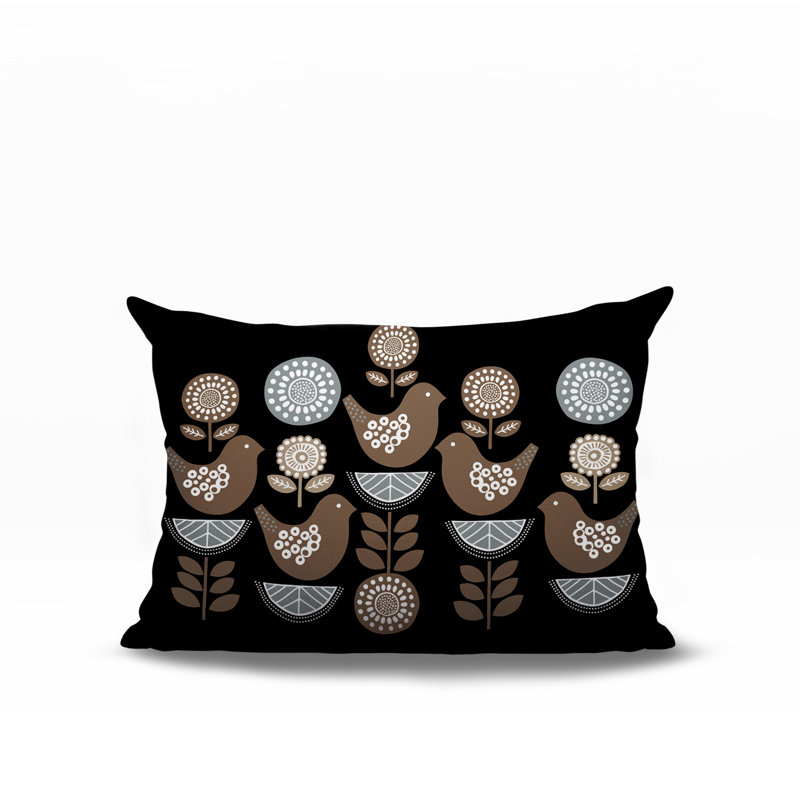 Oreiller rectangulaire intérieur / extérieur réversible Lina Bird, Rectangle H 14 po x l 20 po, Noir