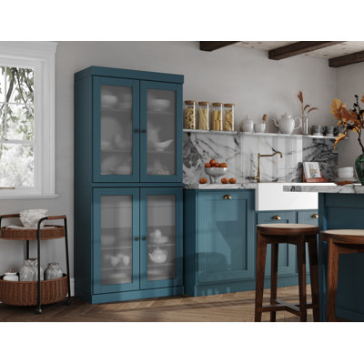 100% Solid Wood 32" Pantry Cabinet with Frosted Glass Doors, 2-Drawers and Adjustable Shelves