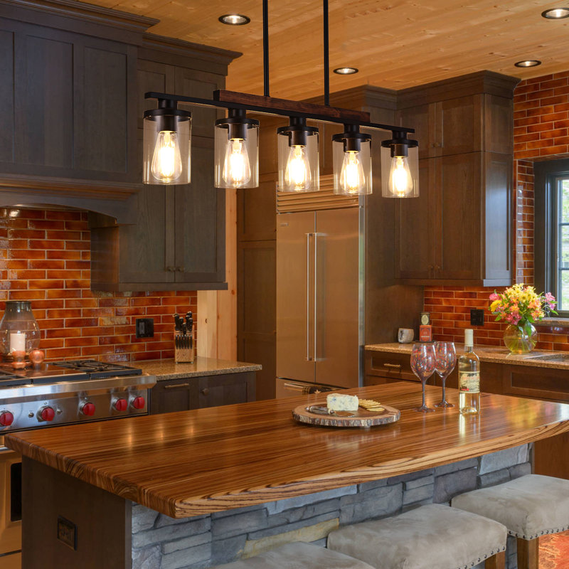 5-Light Wood Kitchen Island Pendant Light, 120 V