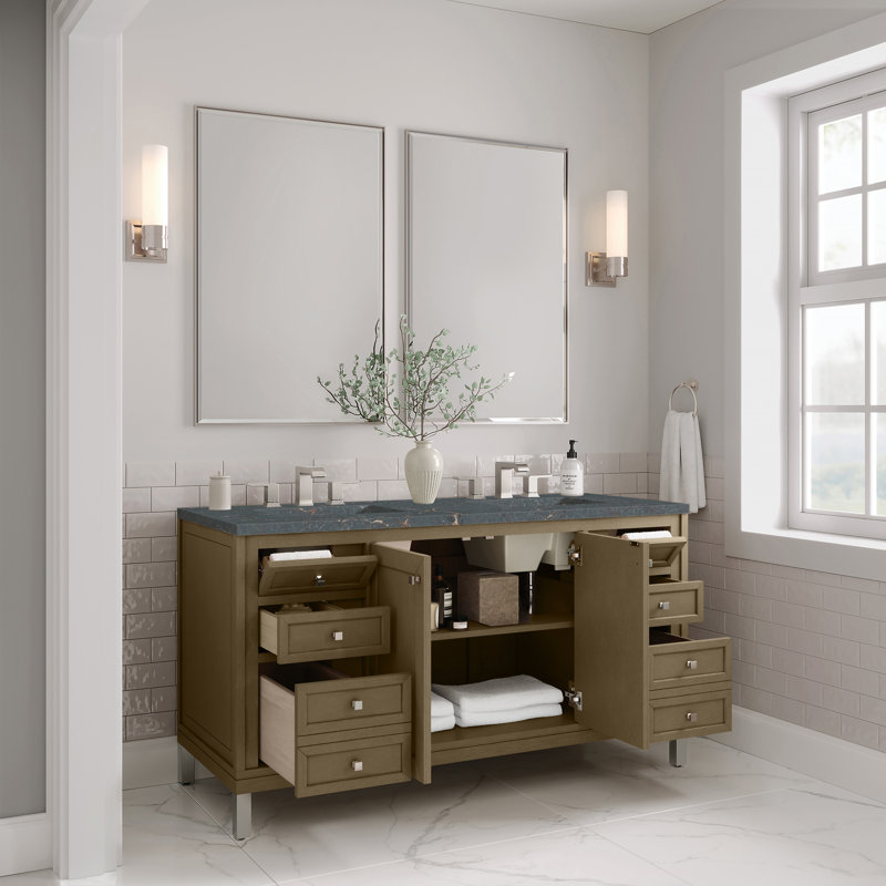 Ensemble de meuble-lavabo double 60 po Chicago, 8 po, Bleu Parisien, Walnut Whisper