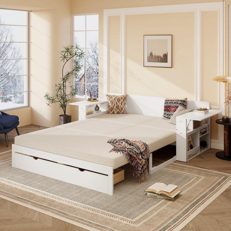 Grand lit de jour avec bureau amovible, tiroirs de rangement et table d'appoint hydraulique, Grand lit, Blanc