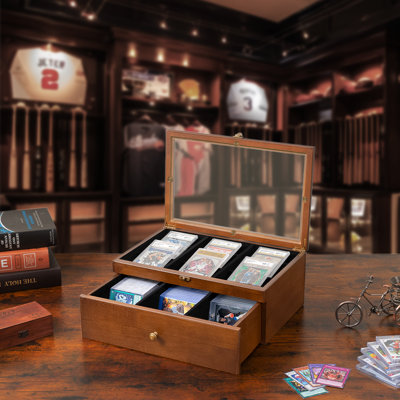 Trading Card Storage Box ，70+ Graded Card Holder With Custom Drawer, Wooden Sports Card Display Case With Large Clear Window
