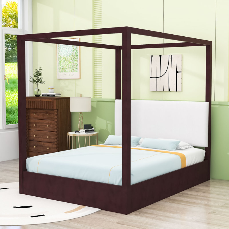 Lit à baldaquin moderne avec pieds de soutien et tête de lit tapissier de qualité supérieure, Grand lit, Espresso