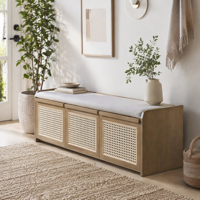 Banc de rangement pour chaussures de 48 po, banc de rangement rétro avec tiroirs en rotin et coussin amovible rembourré à boutons