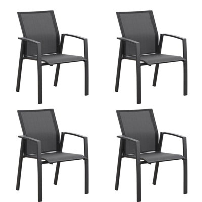 4 chaises de patio entièrement assemblées, en aluminium gris, empilables, respirantes, avec 4 chaises de patio en aluminium grises, empilables et respirantes, ergonomiques pour un confort de longue durée