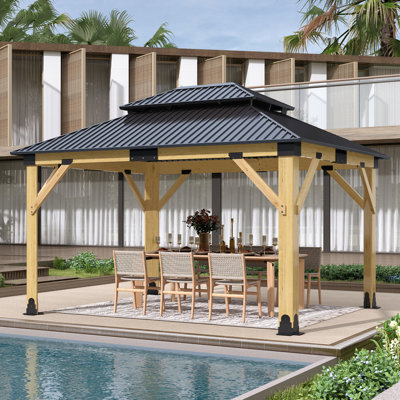  13 ft. W x 11 ft. D Wood Gazebo, Outdoor Patio Steel Hardtop Gazebo, Cedar Wood Gazebo with Double Metal Roof, Suitable for Patios, Lawn and Backyard