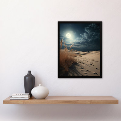 Windswept Seaside Sand Dunes Under Full Moon Moonlight 1 Piece Single Picture Frame Wall Art